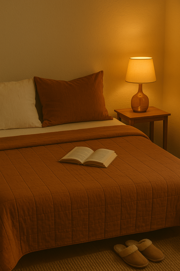 Amber Glass Lamps and Clay-Toned Bedding