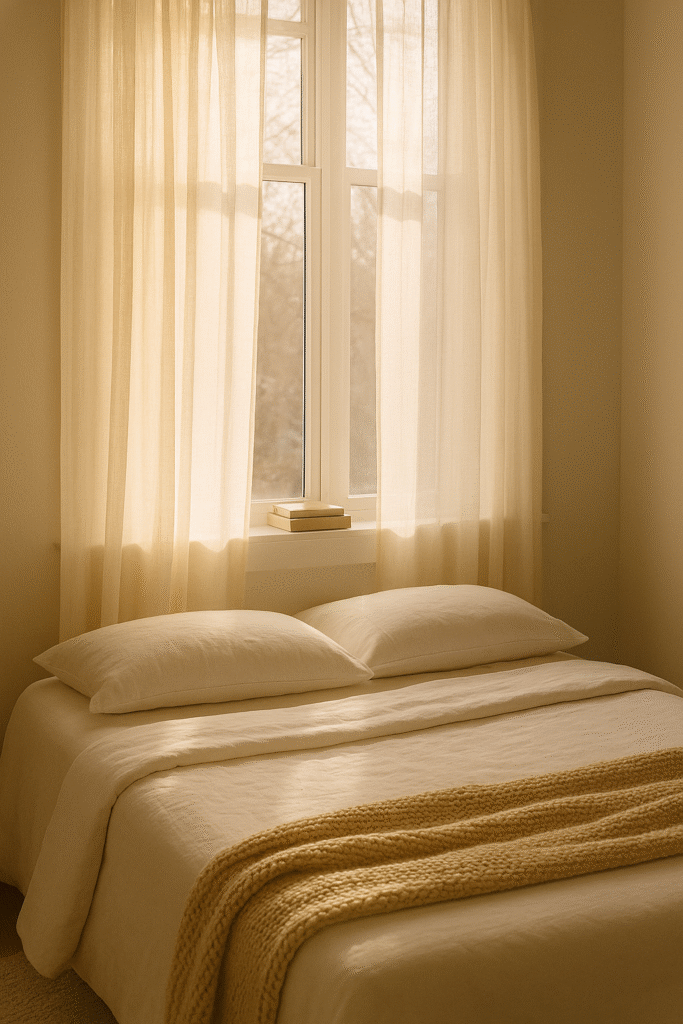Bed by the Window with Gauzy Curtains