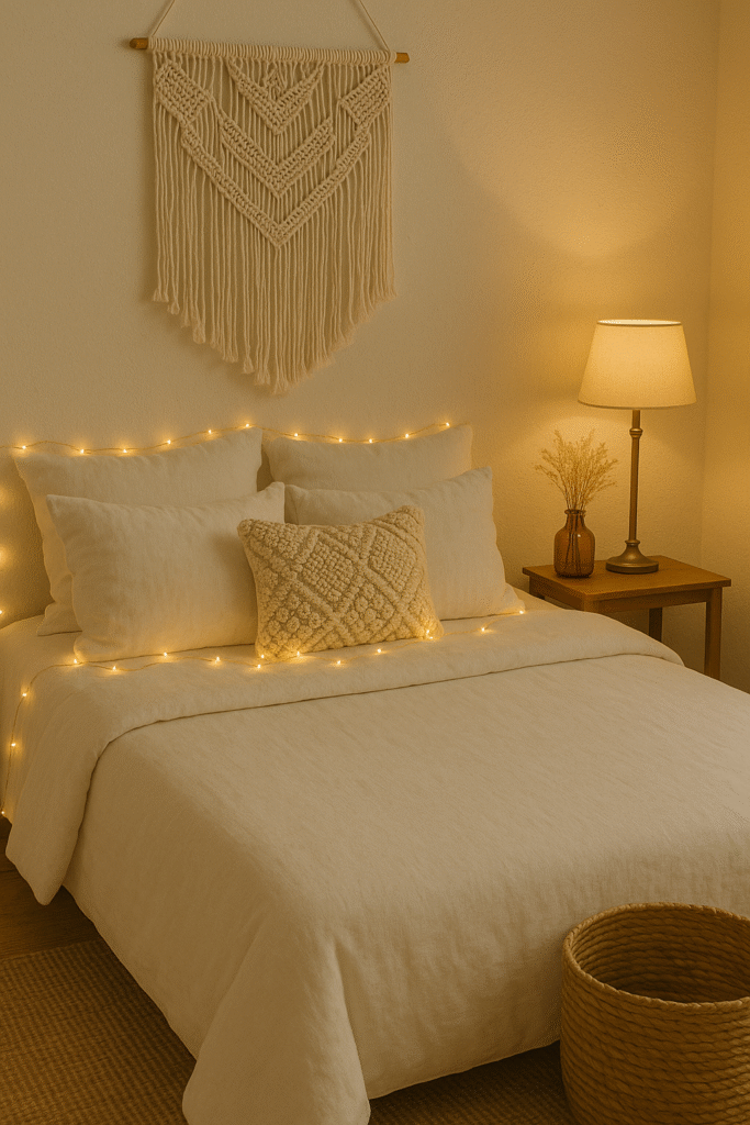Boho Wall Tapestry and Layered Lighting