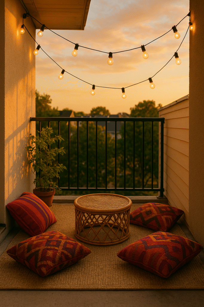 Cozy Small Balcony Setup with Floor Cushions & String Lights