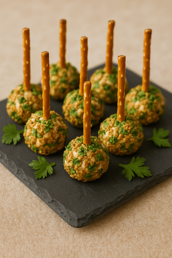 Mini Cheese Balls on Pretzel Sticks