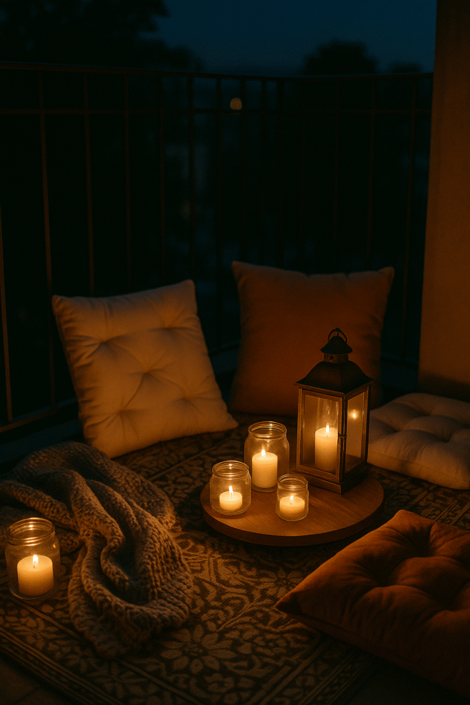 Nighttime Vibes: Balcony Setup with Candle Jars & Cushions