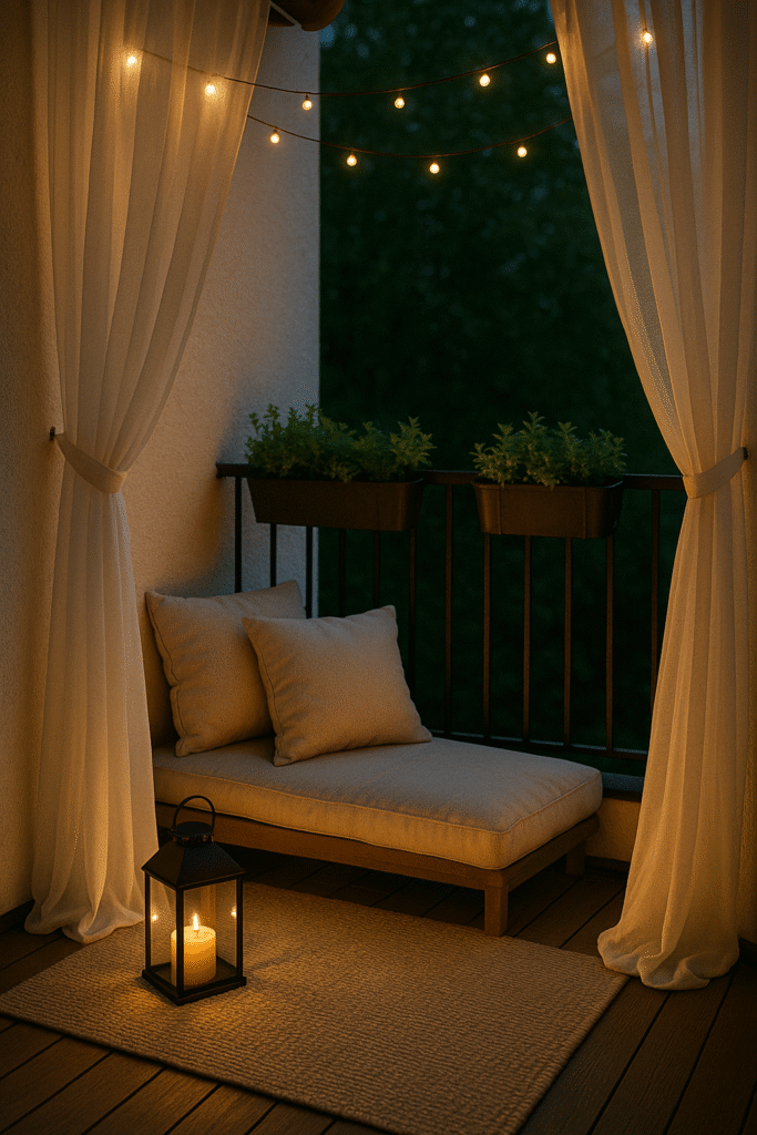 Romantic Balcony Decor with Lanterns and Sheer Curtains