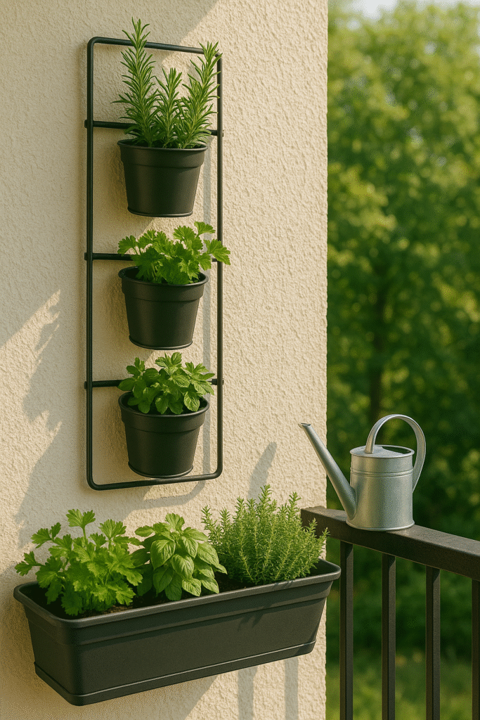 Small Balcony Garden with Potted Herbs & Hanging Planters