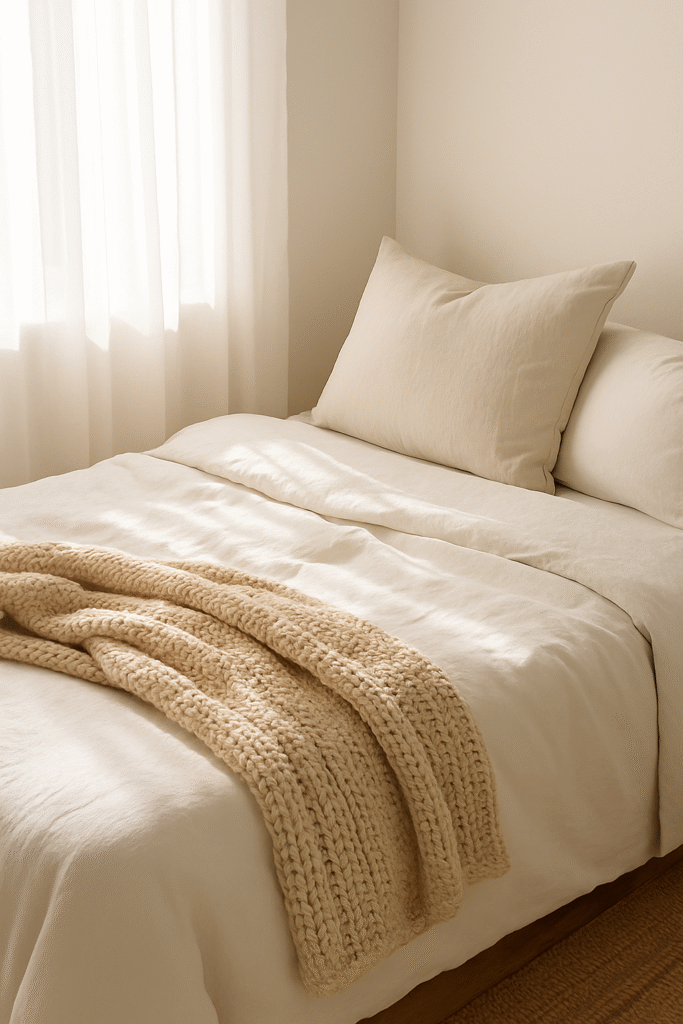 Soft White Bedding with Layered Linen Throws