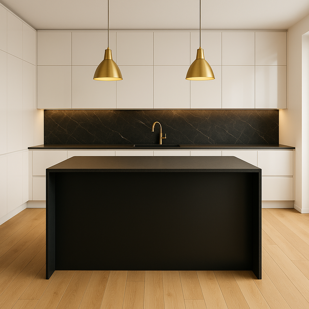 Black Kitchen Island with White Surroundings