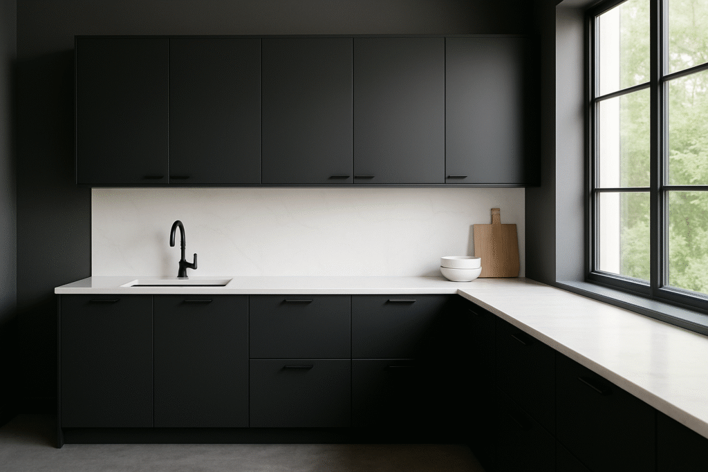 Black Kitchen with White Countertops