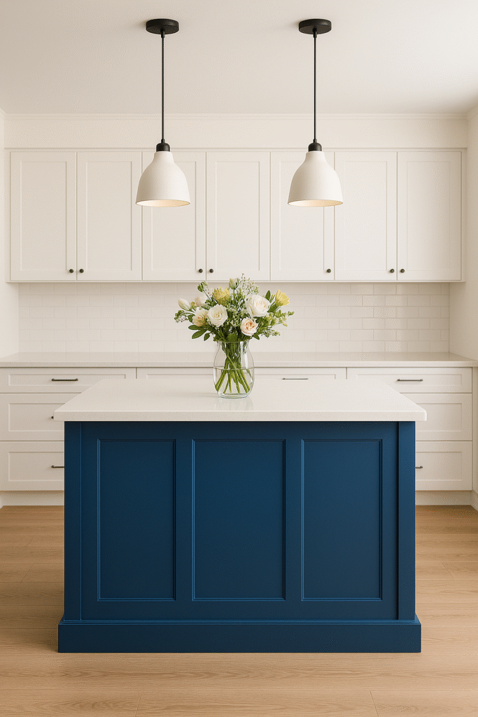 Blue Kitchen Island with White Quartz Countertop