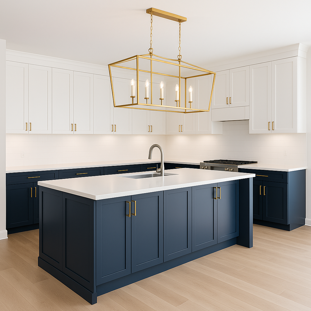 Blue & White Kitchen with Statement Lighting