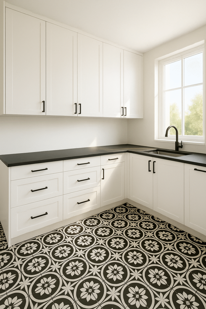 Bold Black Flooring with White Cabinets