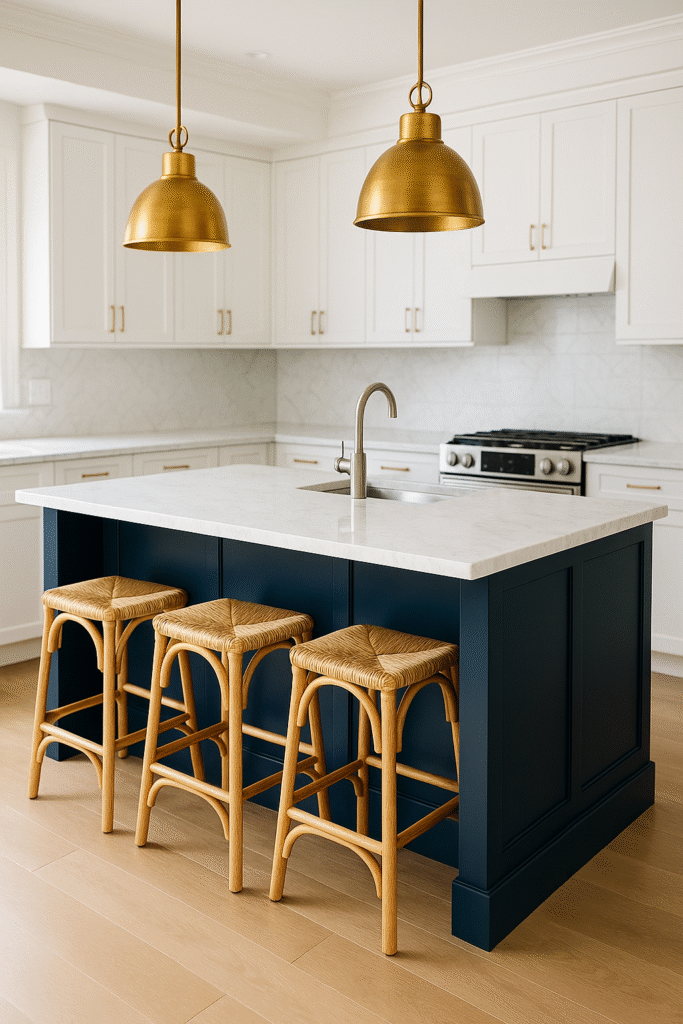 Classic White Cabinets with Navy Blue Island