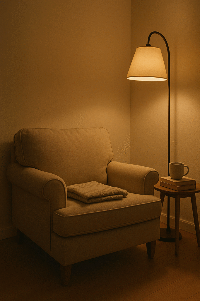 Corner Chair with Floor Lamp & Blanket