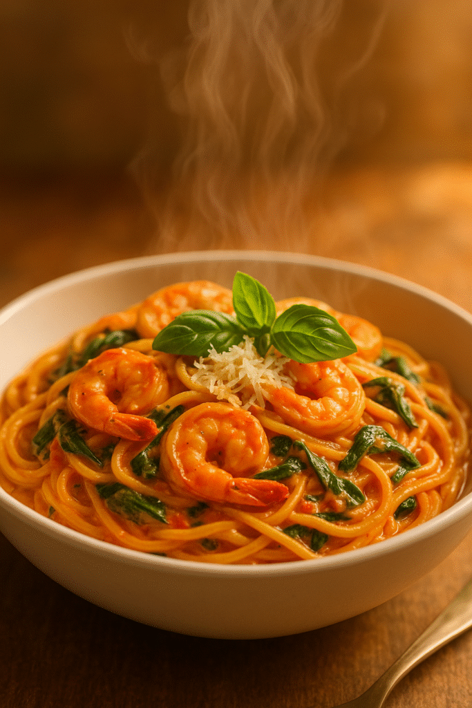 Creamy Tomato Spinach Shrimp Pasta in 30 Minutes