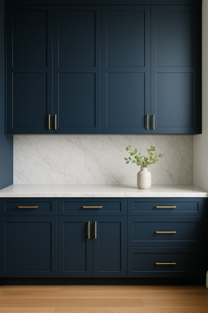 Deep Blue Cabinets with White Marble Countertops