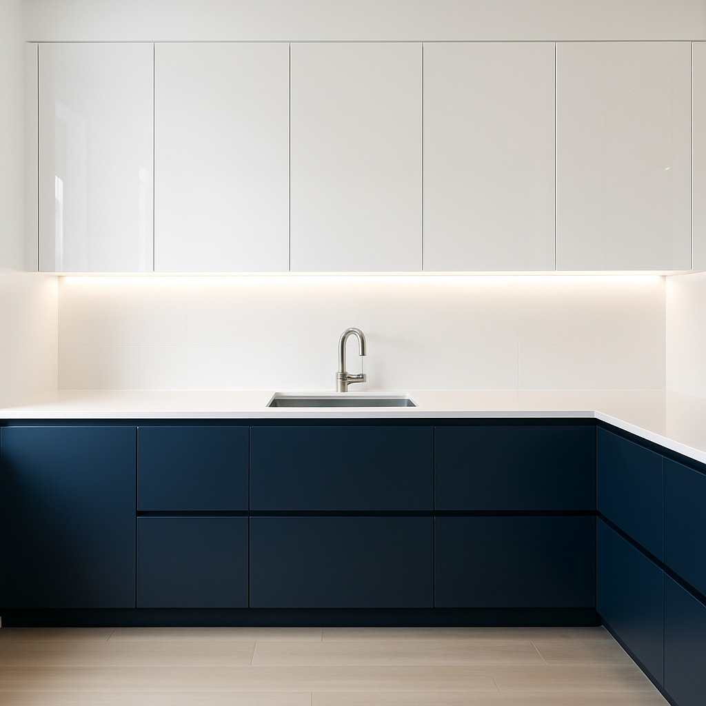 Minimalist White & Blue Kitchen with Hidden Storage