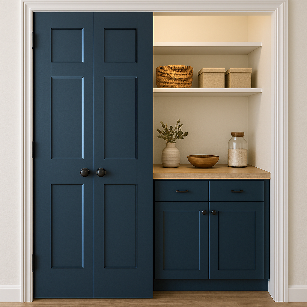 Navy Blue Pantry Doors with White Open Shelving