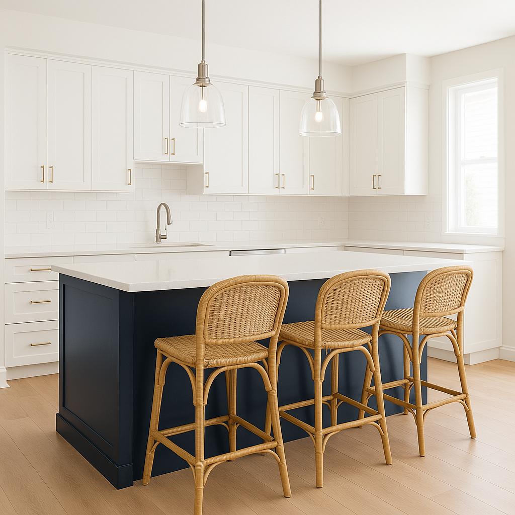 Navy Island with Rattan Bar Stools Combo