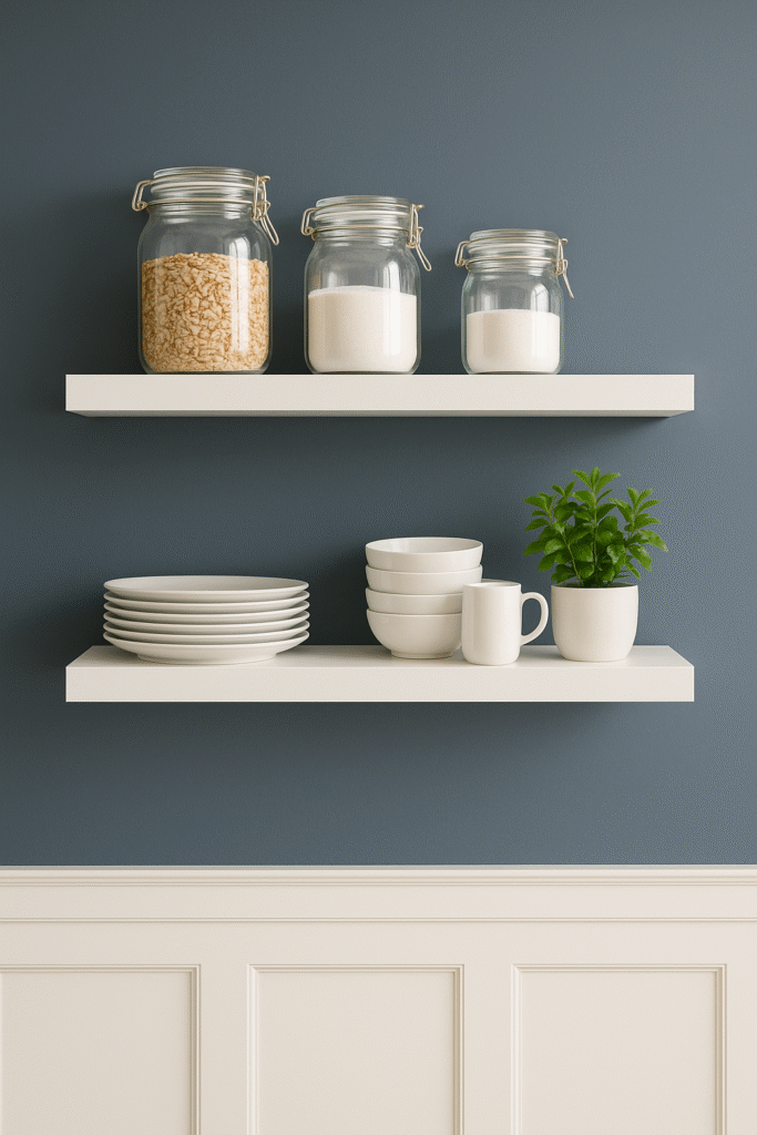 Open Shelving with Blue Back Panel