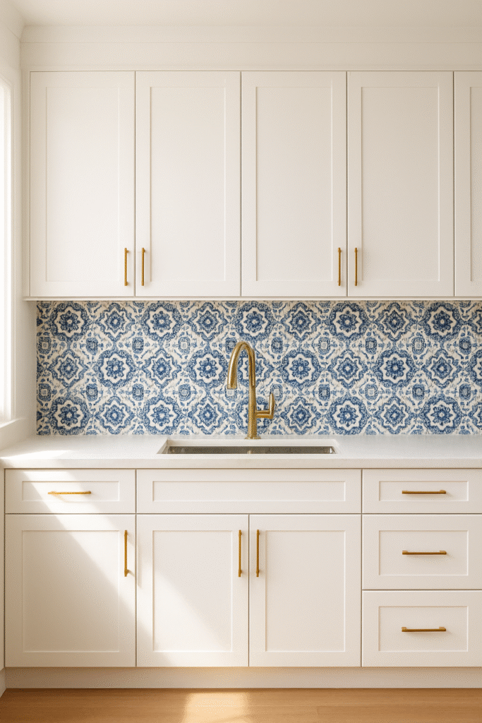 Patterned Blue Tile Backsplash with White Cabinets