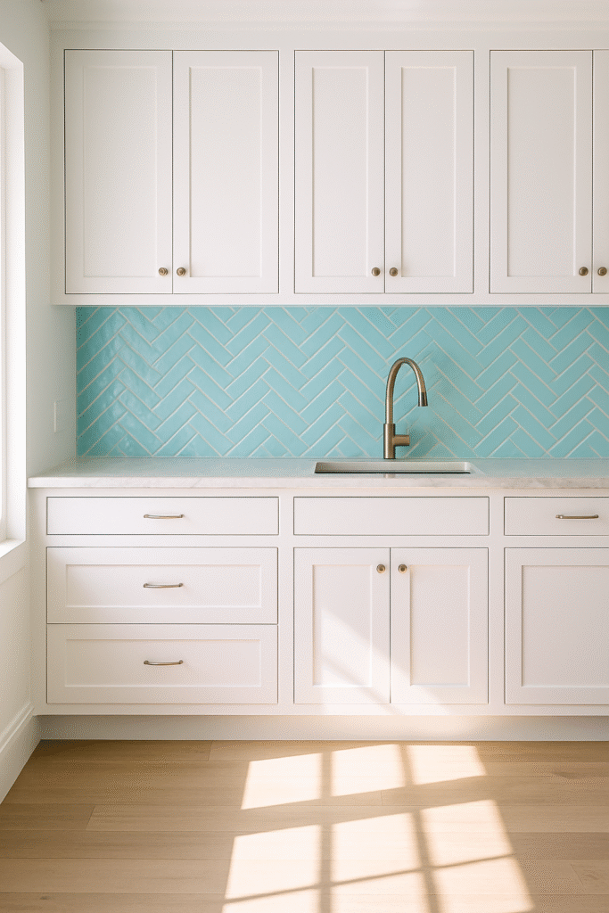 Sky Blue Backsplash with Crisp White Cabinets
