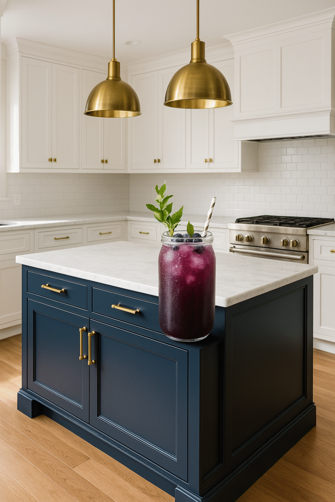 White & Blue Kitchen with Brass Accents