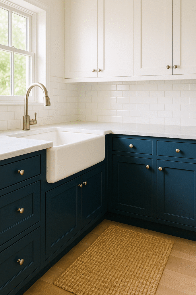 White Farmhouse Sink with Blue Base Cabinets