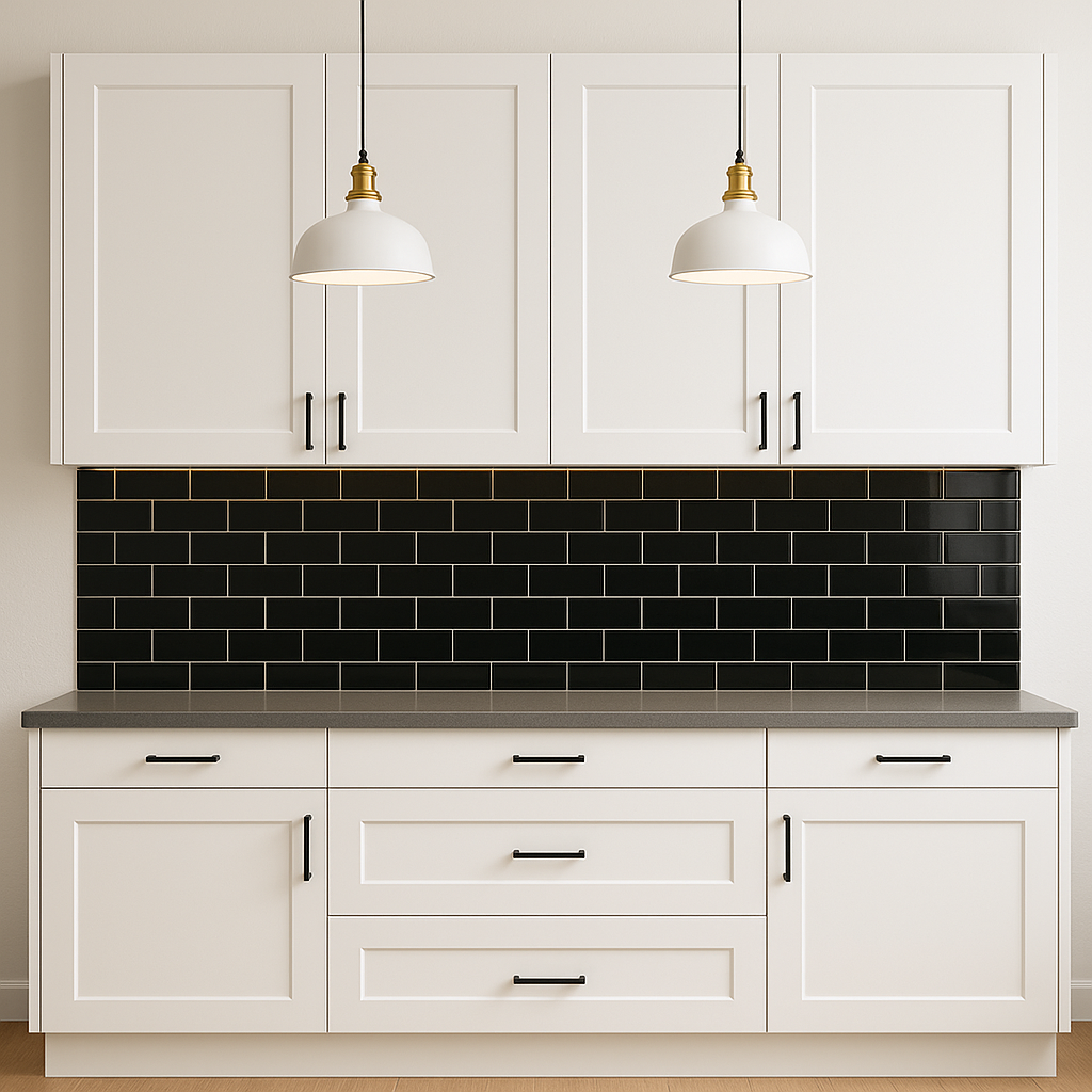 White Kitchen with Black Backsplash