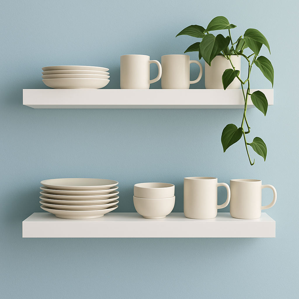 White Open Shelves with Soft Blue Backdrop