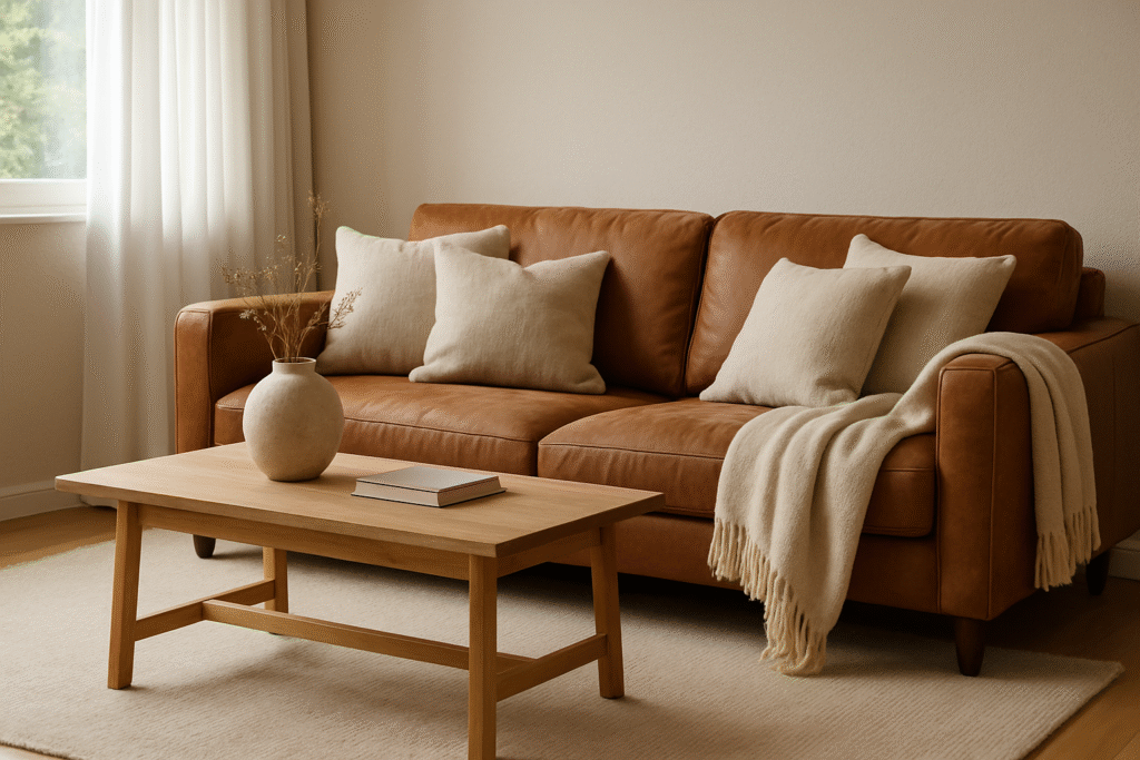 Brown Leather Sofa with Neutral Accents