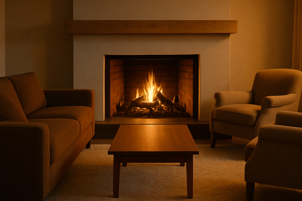 Cozy Brown Living Room with Fireplace