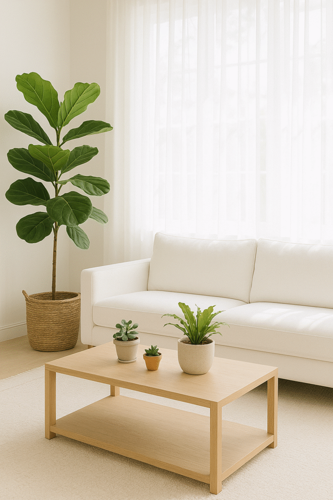 White Living Room with Green Plants