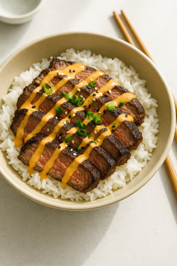 Korean BBQ Steak Rice Bowls with Spicy Cream Sauce