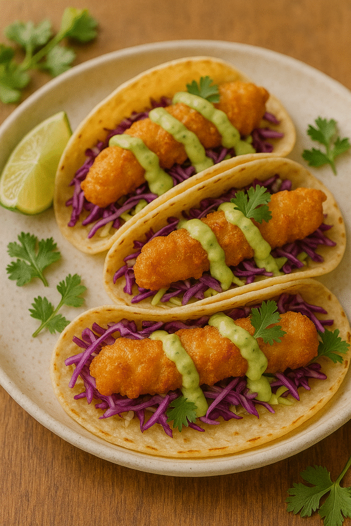 Crispy Fish Tacos with Avocado Sauce