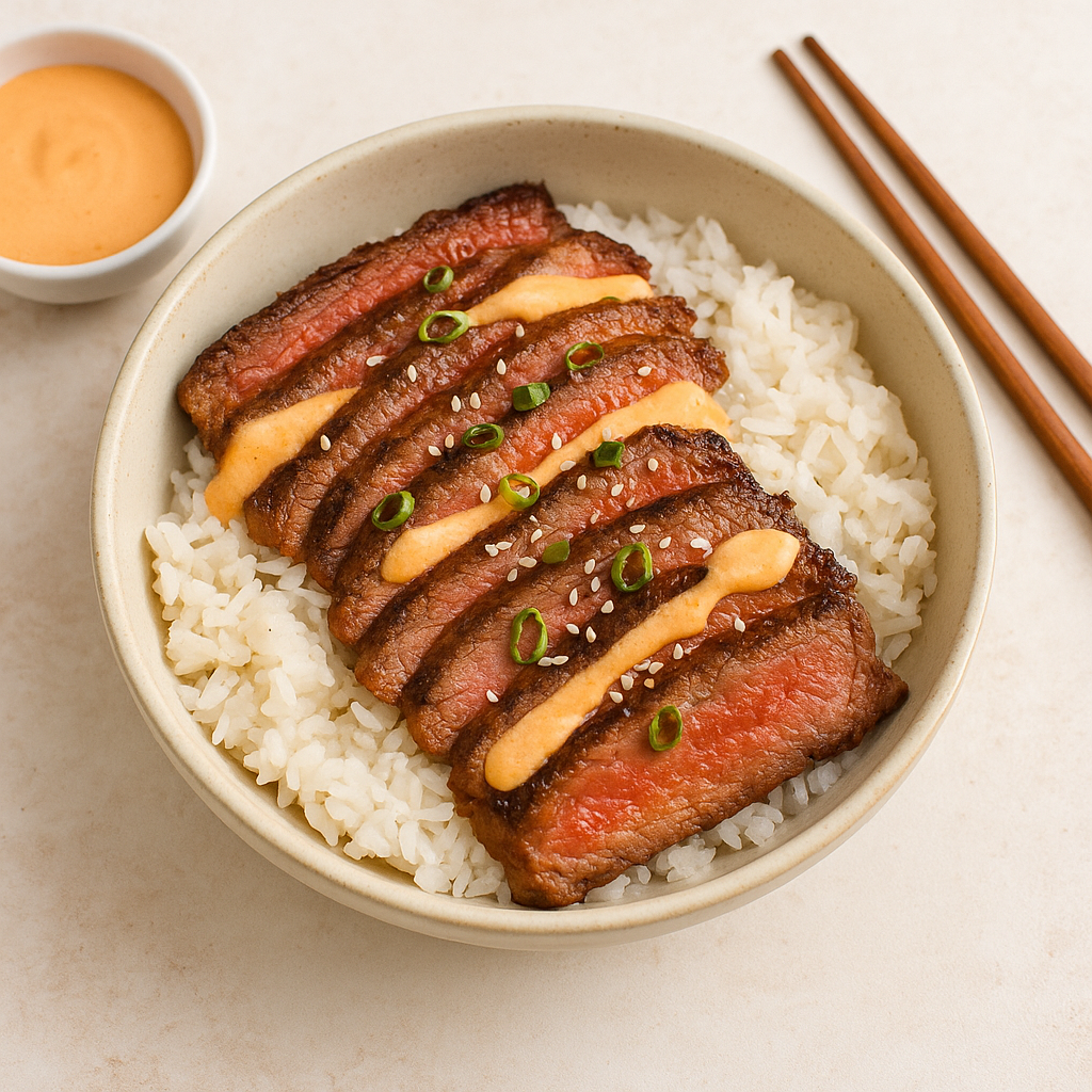 Korean BBQ Steak Rice Bowls with Spicy Cream Sauce