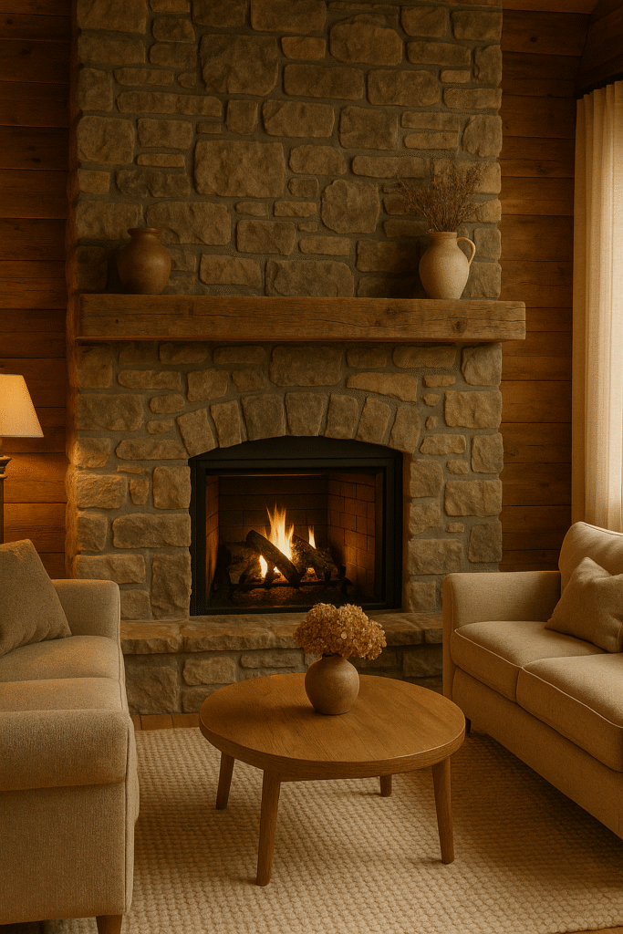 Rustic Stone Fireplace with Wooden Mantel