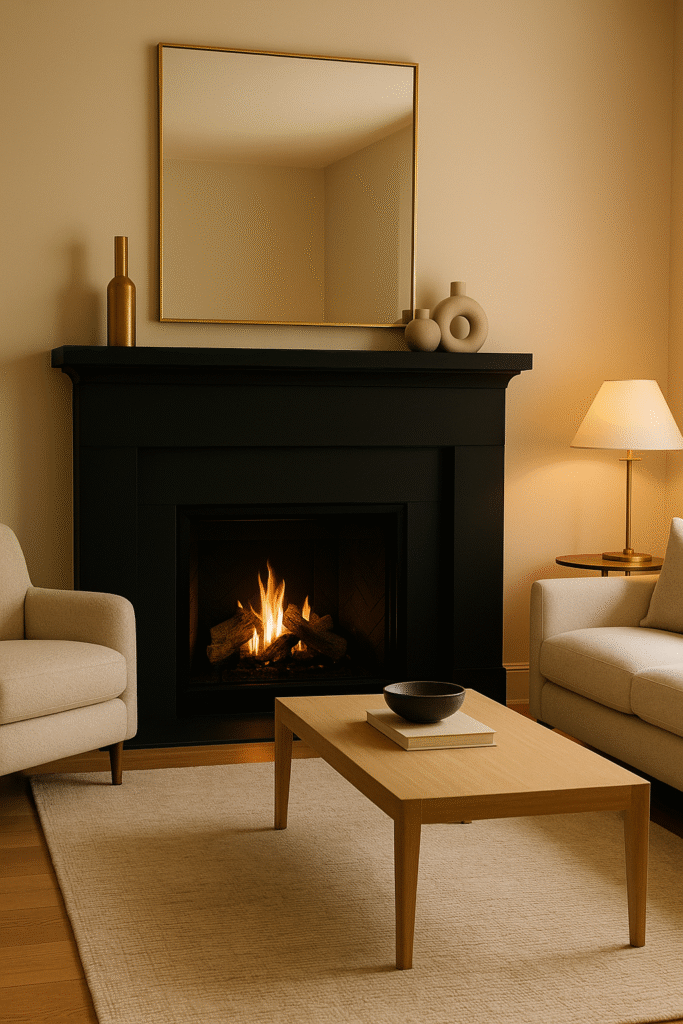 Sleek Black Fireplace with Metal Accents