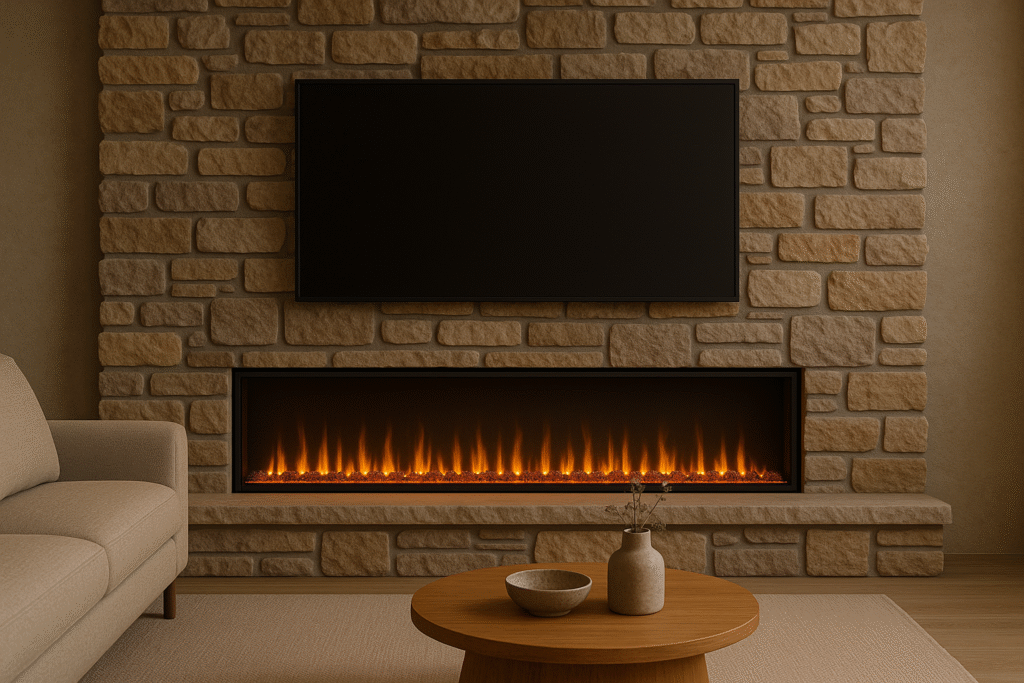 Stone Accent Wall with Electric Fireplace & TV Above